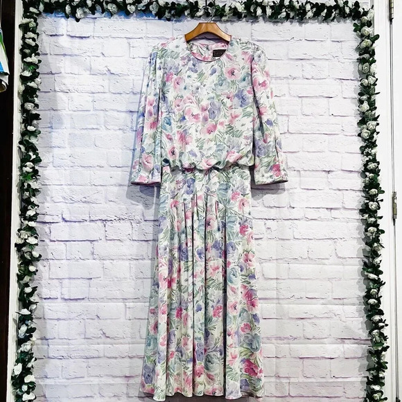 Lisa‎ II Vintage Floral Print Dress Cottage Core Long Sleeve Maxi Dress - Picture 1 of 11